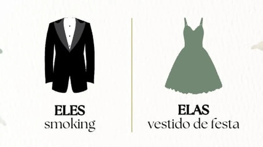 Eles: smoking. Elas: vestido de festa.
